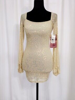 Emerald Sundae Sz XS Cream/Ivory Sequin Square-Neck Long Sleeve Mini Dress